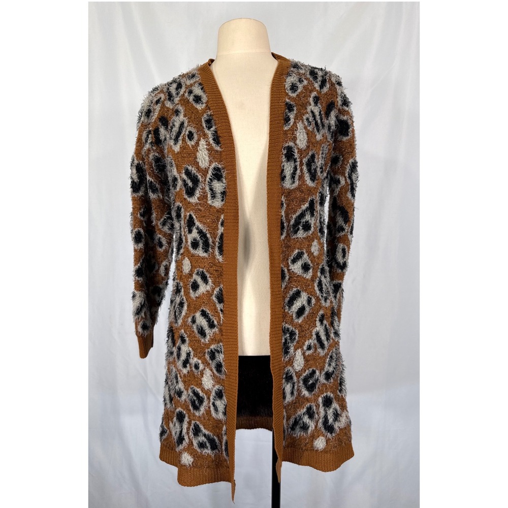 Daytrip Womens Cheetah Fuzzy Eyelash Knit Open Front Cardigan Sweater Brown S
